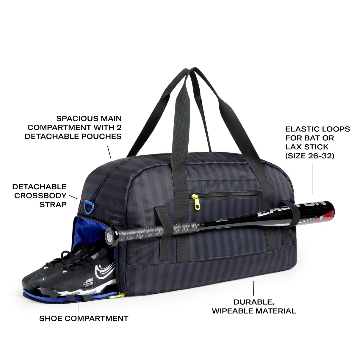 STATE Bags Fenway Sports Duffle Blue Gray Striped Features Callout Click to Zoom