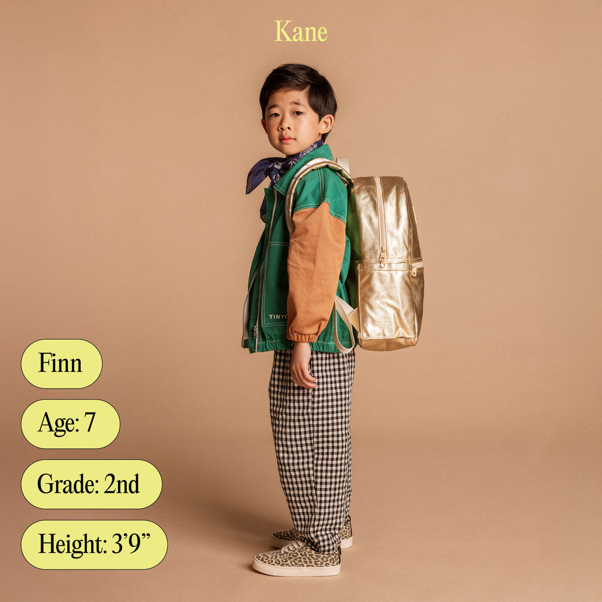 Image showing a boy name Finn with Age, Grade, and Height for Kane Backpack