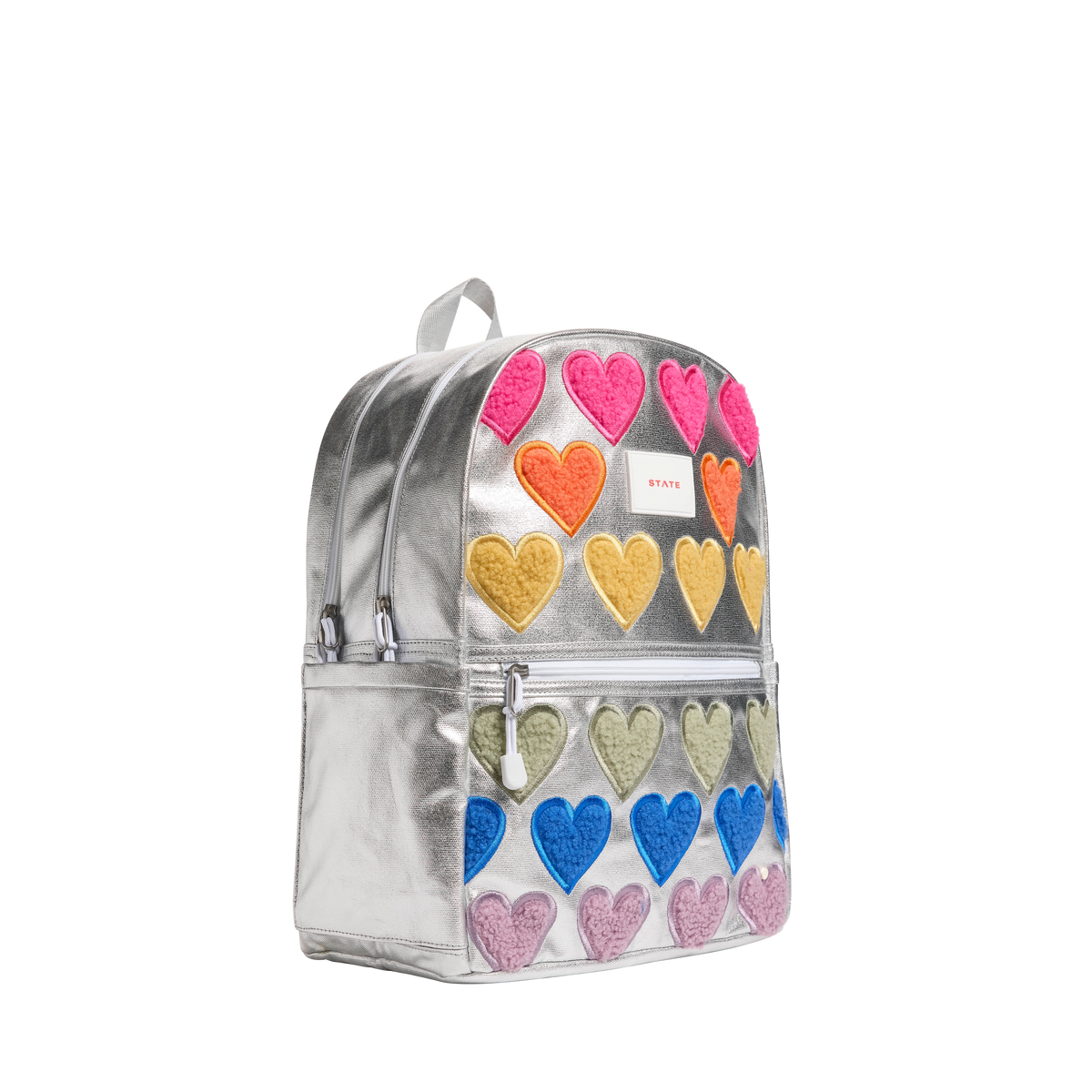 state bags kane kids double pocket backpack metallic fuzzy/hearts side view click to zoom
