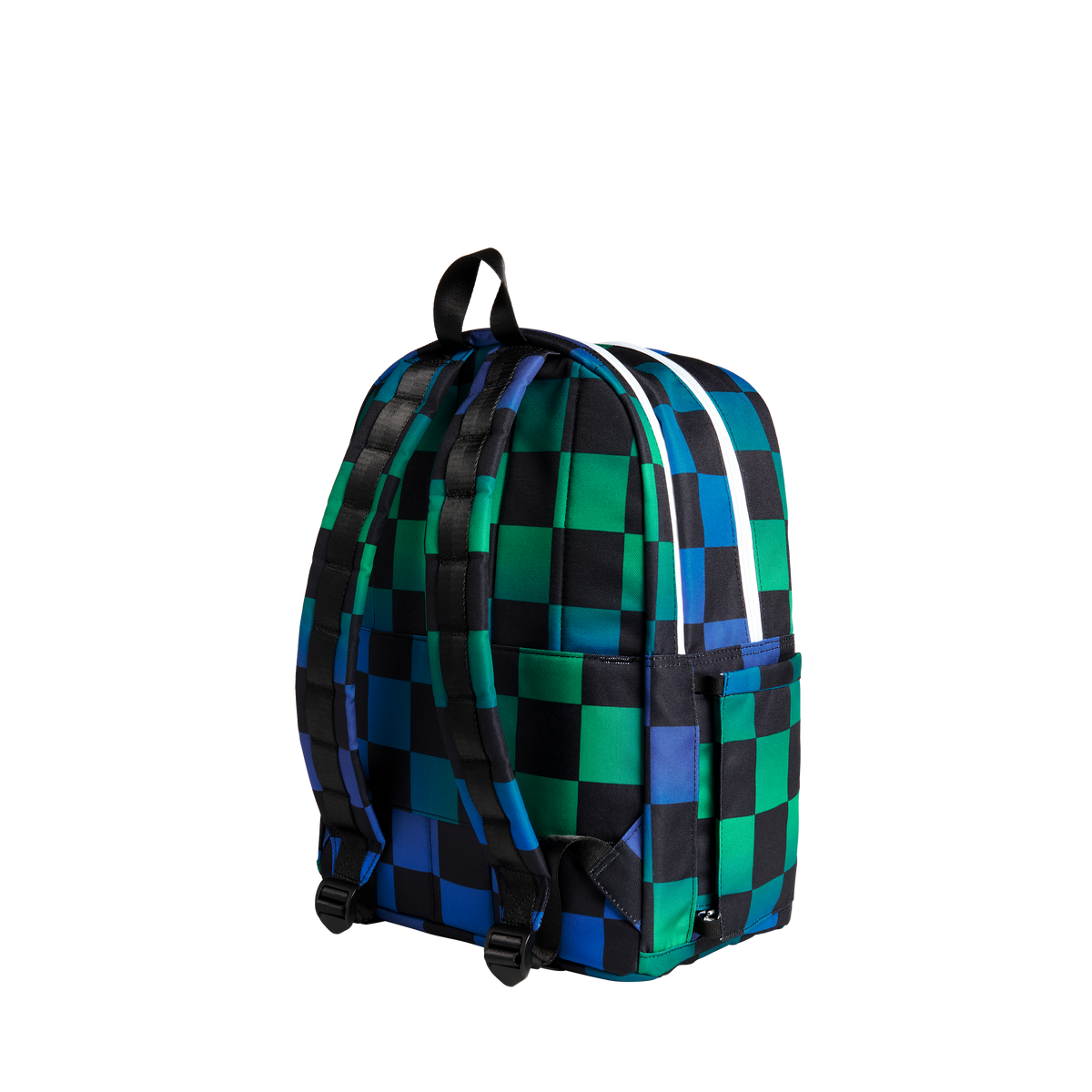 state bags kane kids double pocket backpack recycled poly canvas checkerboard blue back view click to zoom