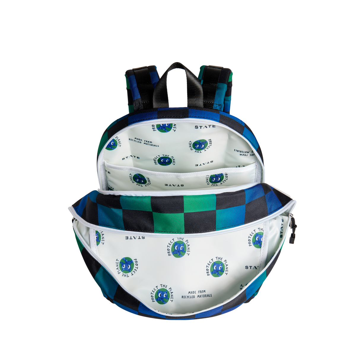 state bags kane kids double pocket backpack recycled poly canvas checkerboard blue interior view click to zoom
