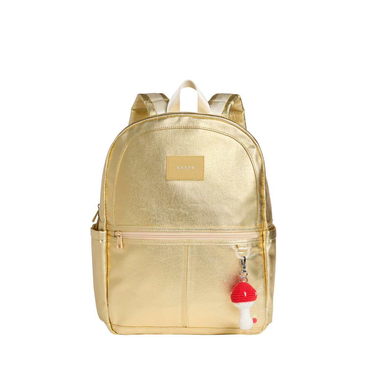 Mushroom keychain on backpack