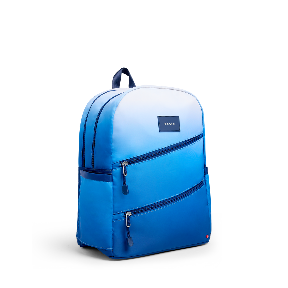 STATE Bags Kane Double Pocket Backpack Blue Gradient Diagonal Zipper Side View Click to Zoom