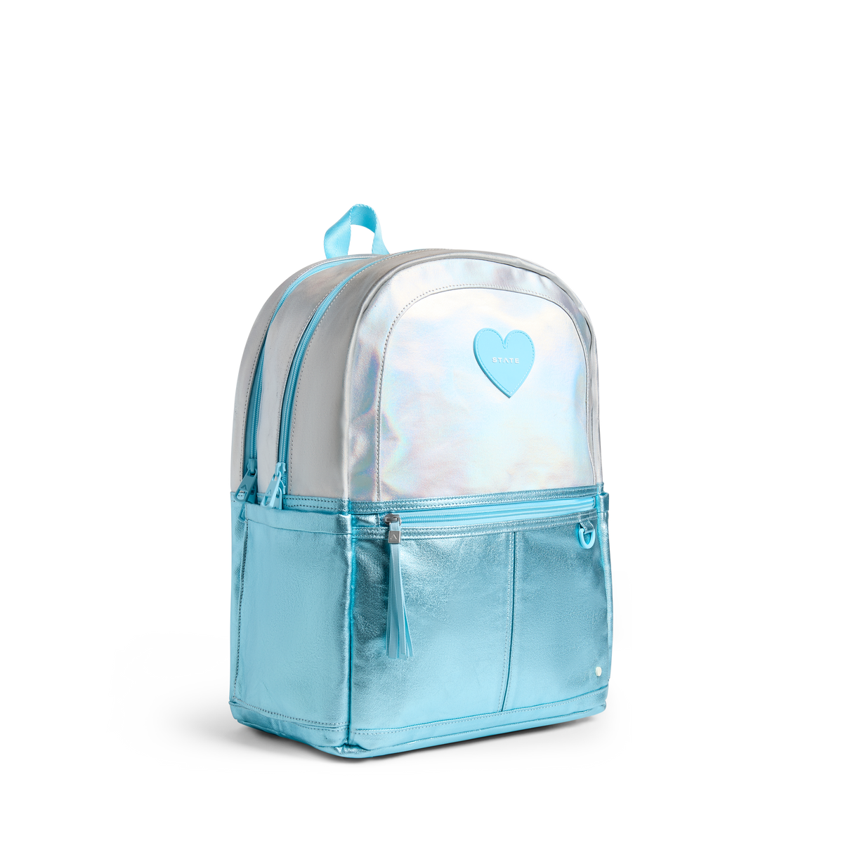 STATE Bags Kane Double Pocket Backpack Metallic Blue Iridescent Front View Click to Zoom