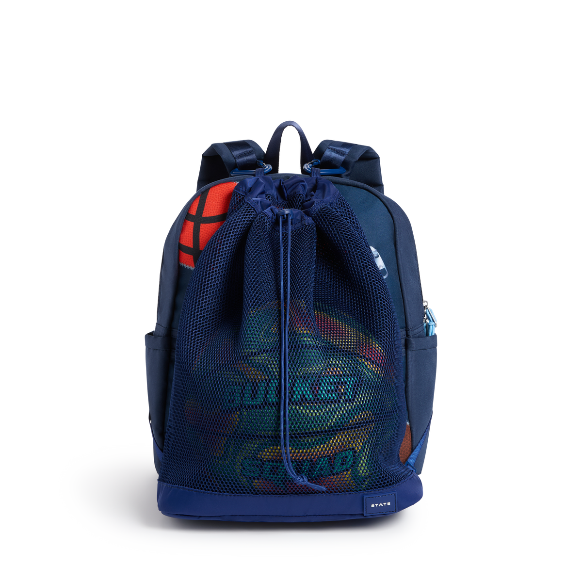STATE Bags Kane Ball Bag Navy Front View on Backpack Click to Zoom