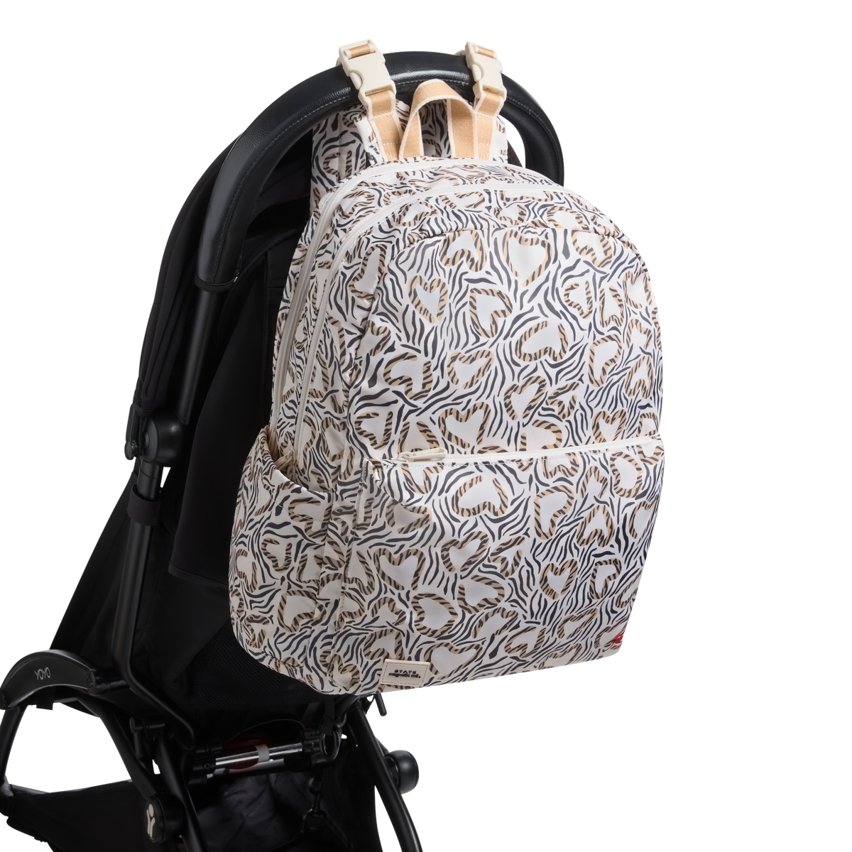 STATE x MagneticMe Lorimer Diaper Bag Leopard Hearts on stroller View Click to Zoom