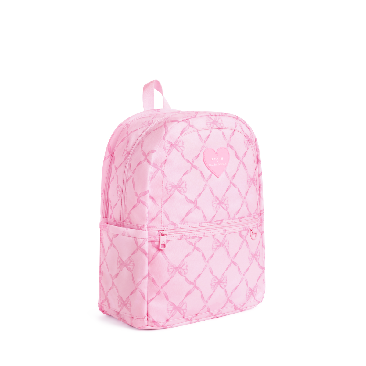 STATE x LoveShackFancy Kane Double Pocket Backpack Pink Peppermint Front Side View Click to Zoom