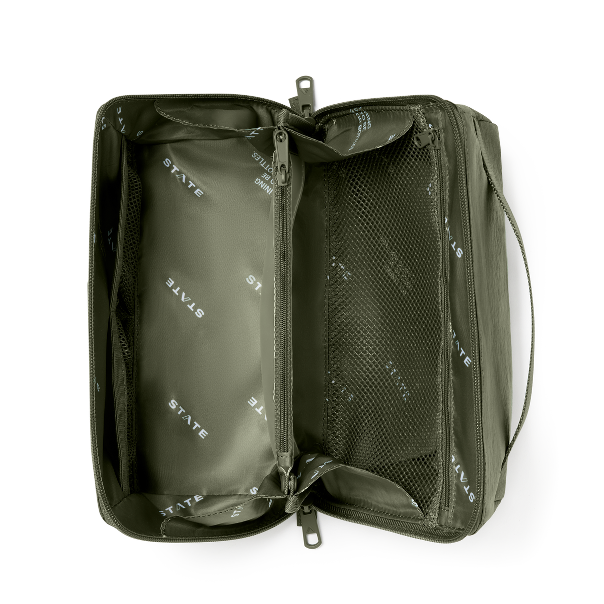 STATE Bags Peri Toiletry Kit Crinkle Nylon Olive Overhead Interior View Click to Zoom