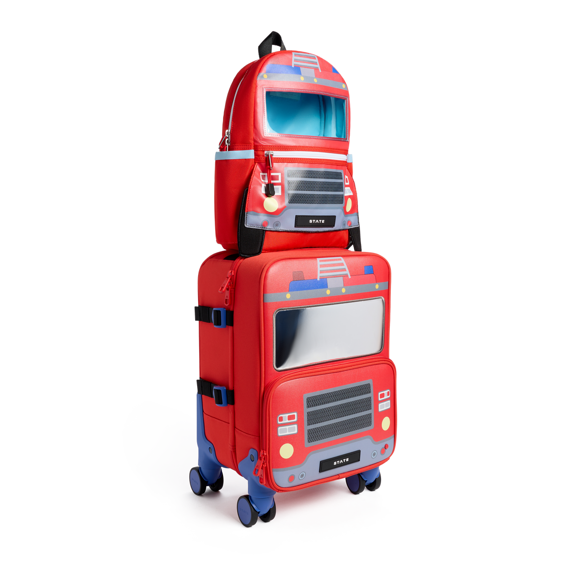 STATE Bags Mini Logan Carry-On Suitcase and Kane Backpack Firetruck Bundle Front View Click to Zoom