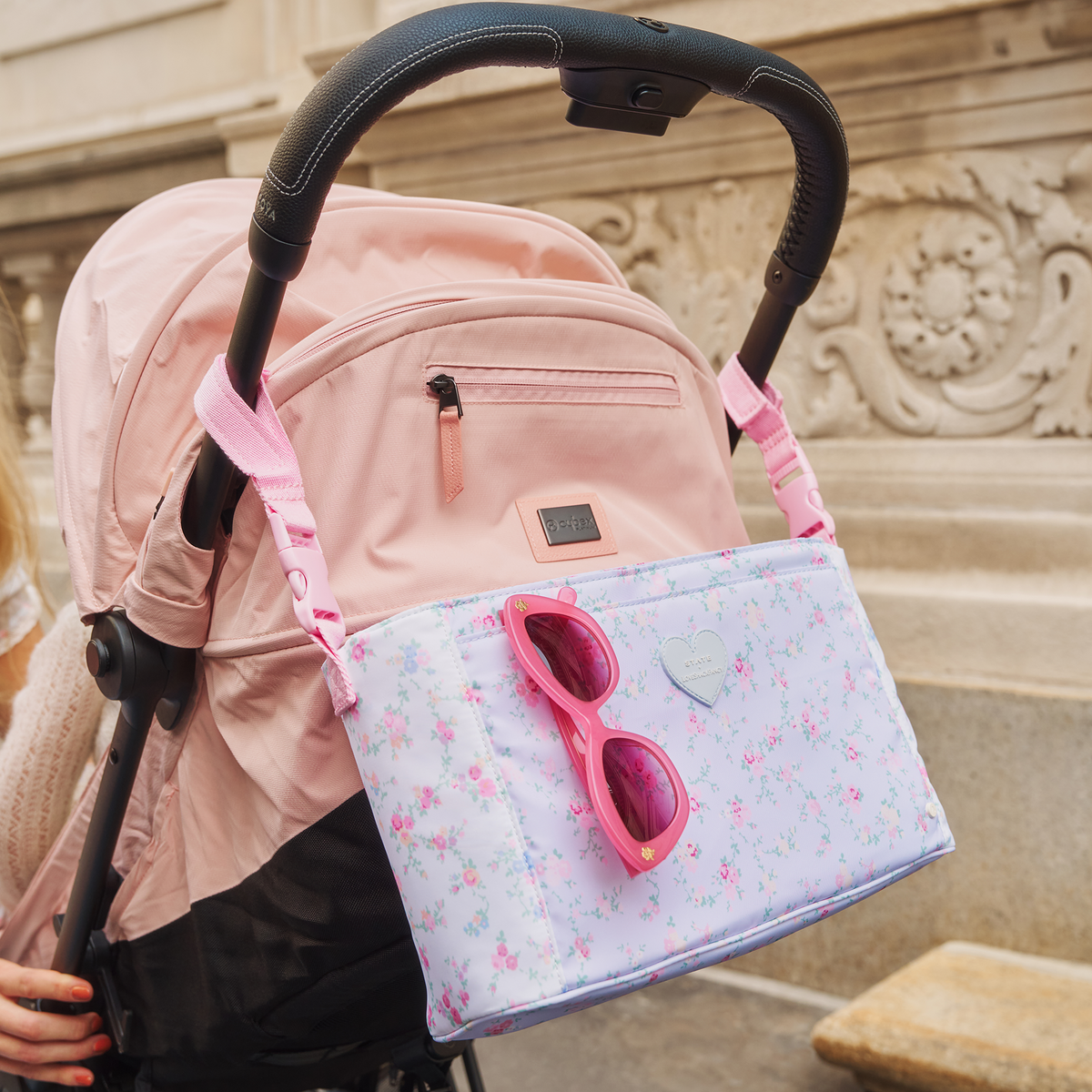 STATE x LoveShackFancy Stroller Organizer Confetti Bloom / Wildflower Blue on Stroller Click to Zoom