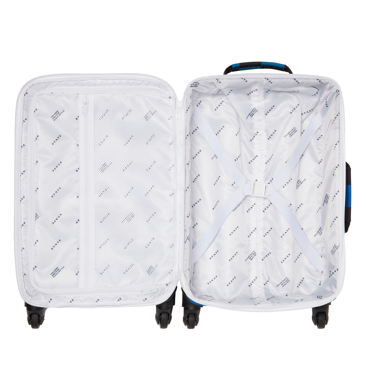 state bags Logan suitcase polyester blue checkerboard interior overhead view click to zoom